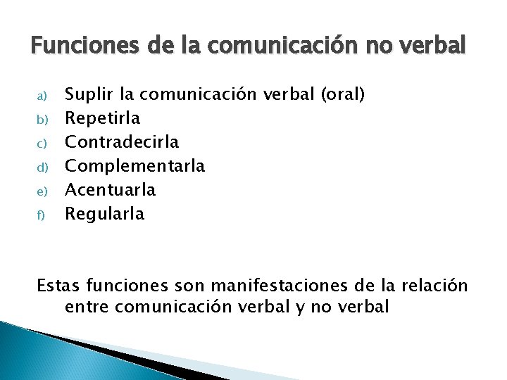 Funciones de la comunicación no verbal a) b) c) d) e) f) Suplir la