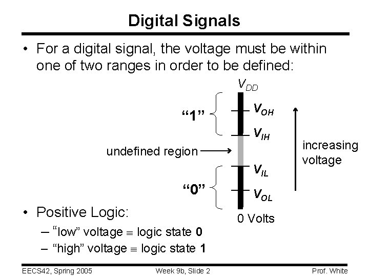 Digital Signals • For a digital signal, the voltage must be within one of