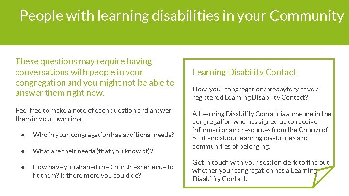 People with learning disabilities in your Community These questions may require having conversations with