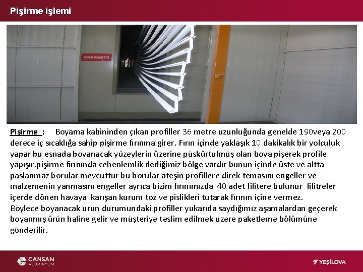 Pişirme işlemi Pişirme : Boyama kabininden çıkan profiller 36 metre uzunluğunda genelde 190 veya