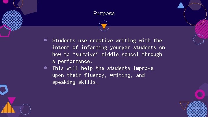 Purpose ◍ Students use creative writing with the intent of informing younger students on