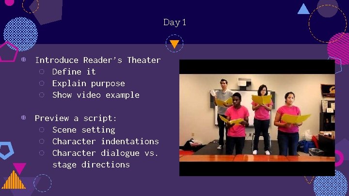 Day 1 ◍ Introduce Reader’s Theater ◌ Define it ◌ Explain purpose ◌ Show