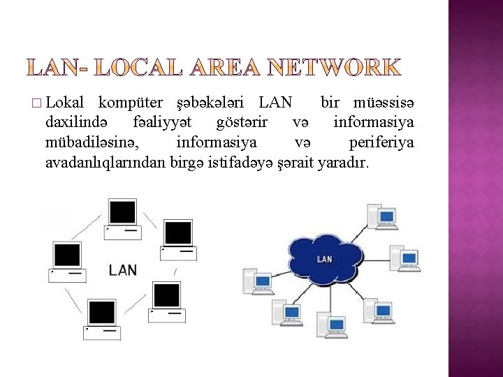 � Lokal kompüter şəbəkələri LAN bir müəssisə daxilində fəaliyyət göstərir və informasiya mübadiləsinə, informasiya