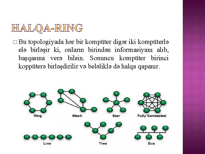 � Bu topologiyada hər bir kompüter digər iki kompüterlə elə birləşir ki, onların birindən