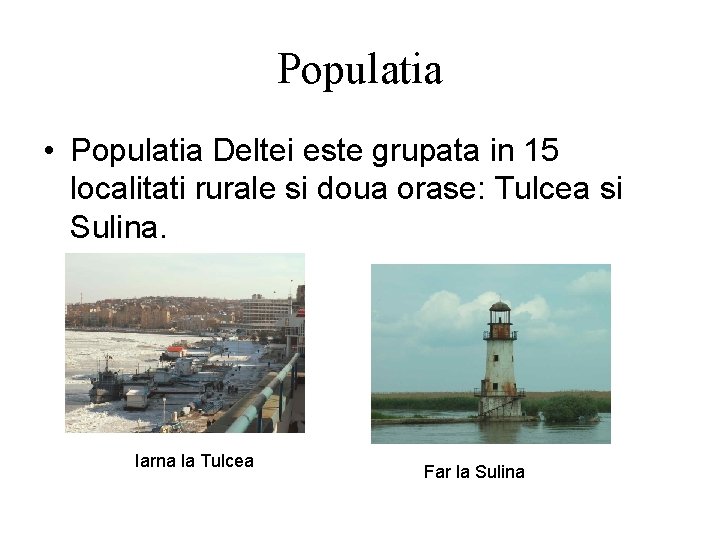 Populatia • Populatia Deltei este grupata in 15 localitati rurale si doua orase: Tulcea Populatia • Populatia Deltei este grupata in 15 localitati rurale si doua orase: Tulcea