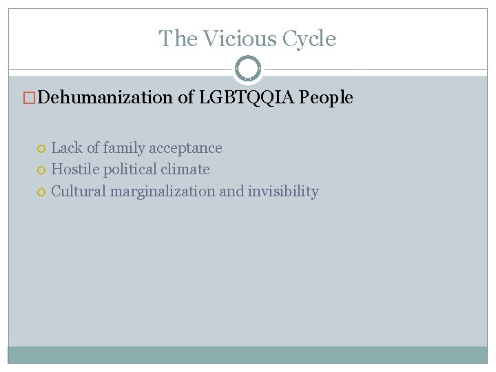 The Vicious Cycle �Dehumanization of LGBTQQIA People Lack of family acceptance Hostile political climate