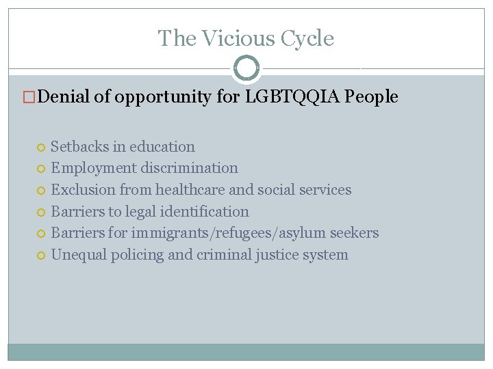 The Vicious Cycle �Denial of opportunity for LGBTQQIA People Setbacks in education Employment discrimination