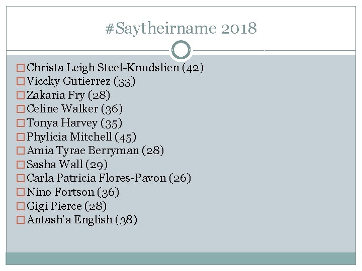 #Saytheirname 2018 � Christa Leigh Steel-Knudslien (42) � Viccky Gutierrez (33) � Zakaria Fry