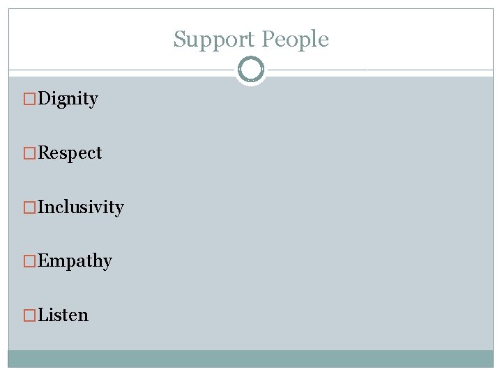 Support People �Dignity �Respect �Inclusivity �Empathy �Listen 