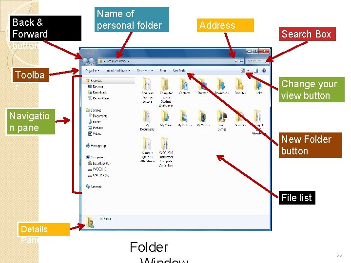 Back & Forward buttons Name of personal folder Toolba r Address Bar Search Box