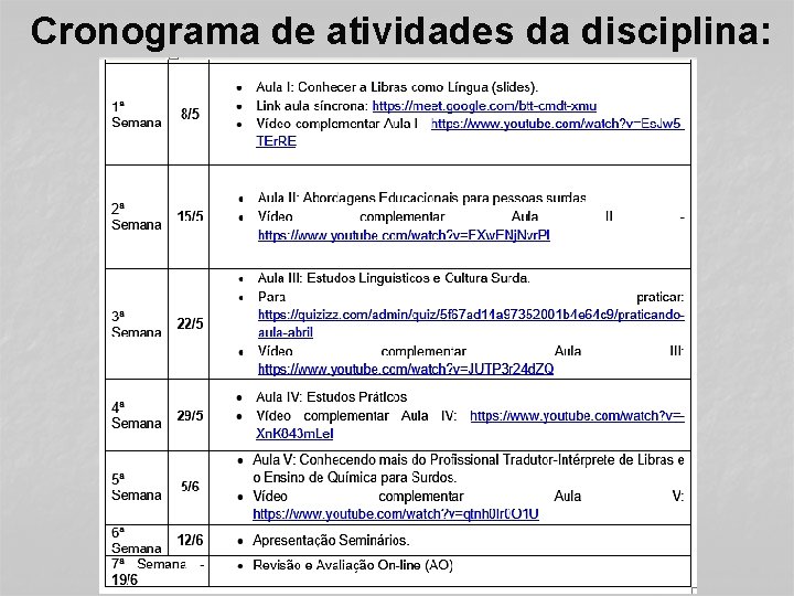 Cronograma de atividades da disciplina: 