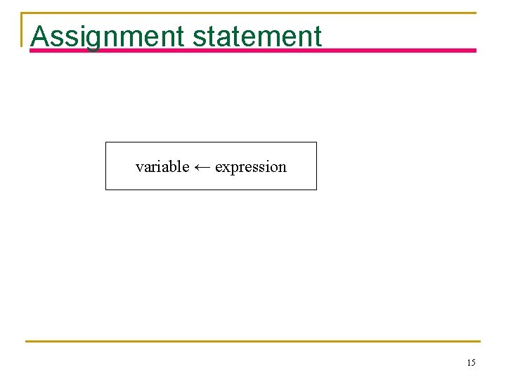Assignment statement variable ← expression 15 