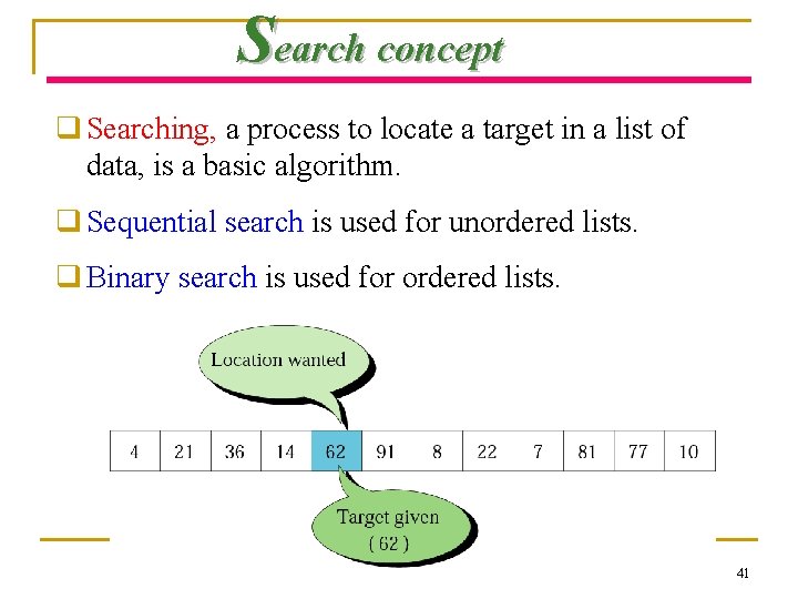 Search concept q Searching, a process to locate a target in a list of