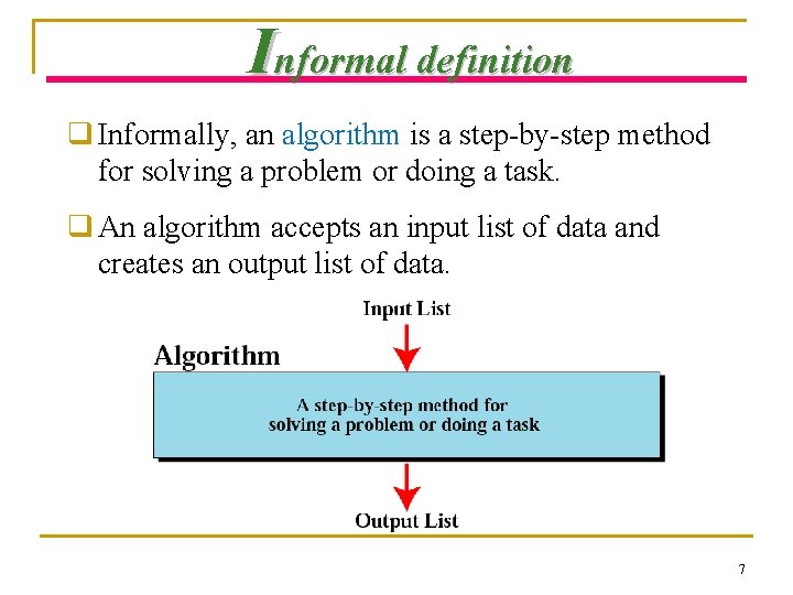 Informal definition q Informally, an algorithm is a step-by-step method for solving a problem