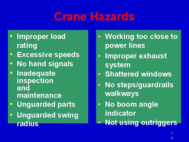 Crane Hazards • Improper load • • • rating Excessive speeds No hand signals