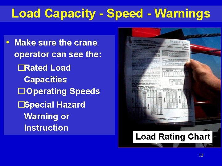 Load Capacity - Speed - Warnings • Make sure the crane operator can see