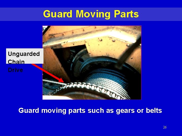 Guard Moving Parts Unguarded Chain Drive Guard moving parts such as gears or belts