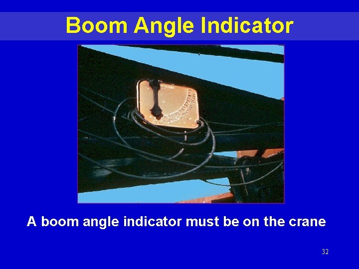 Boom Angle Indicator A boom angle indicator must be on the crane 32 