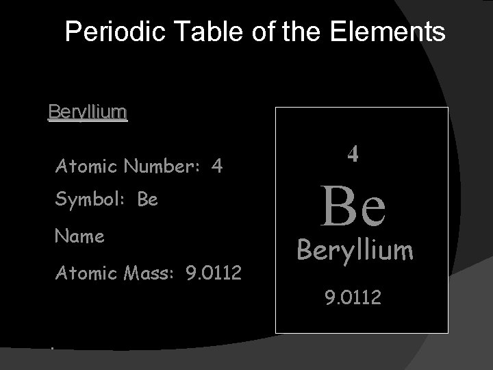 Periodic Table of the Elements Beryllium Atomic Number: 4 Symbol: Be Name Atomic Mass: