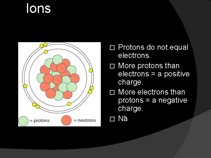 Ions Protons do not equal electrons. � More protons than electrons = a positive