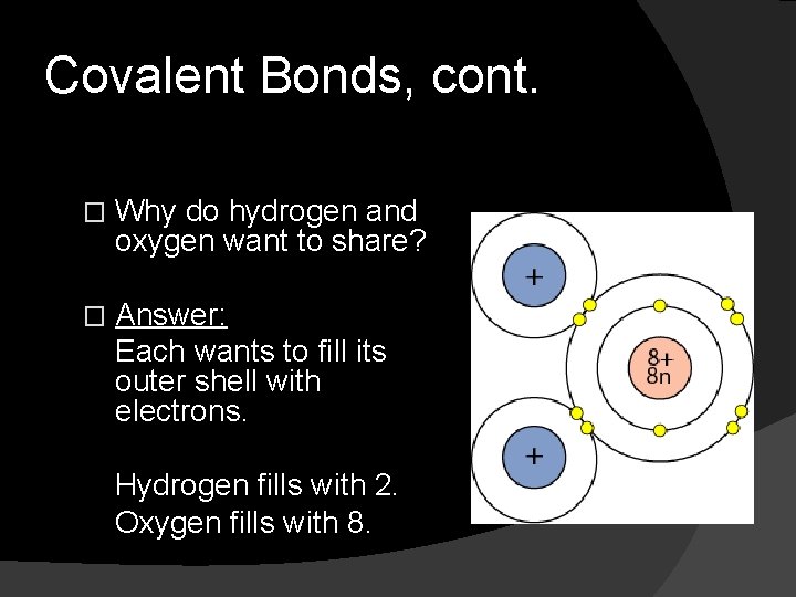 Covalent Bonds, cont. � Why do hydrogen and oxygen want to share? � Answer: