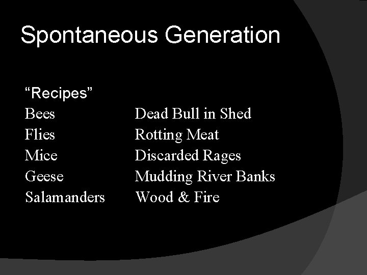 Spontaneous Generation “Recipes” Bees Flies Mice Geese Salamanders Dead Bull in Shed Rotting Meat