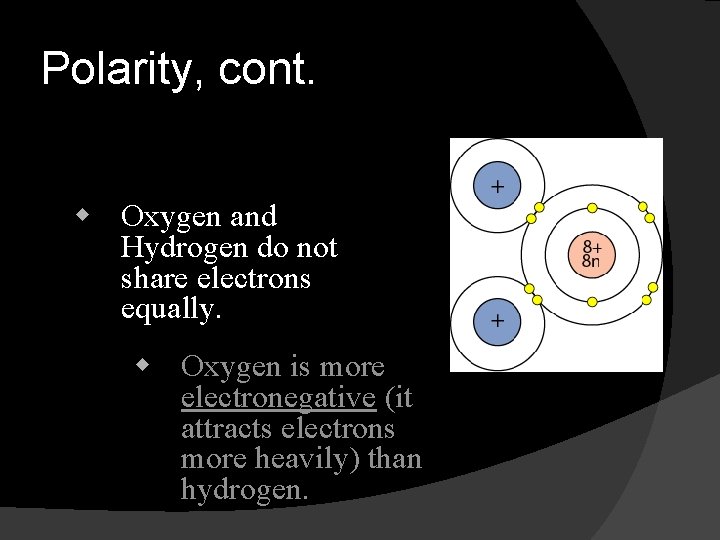 Polarity, cont. w Oxygen and Hydrogen do not share electrons equally. w Oxygen is