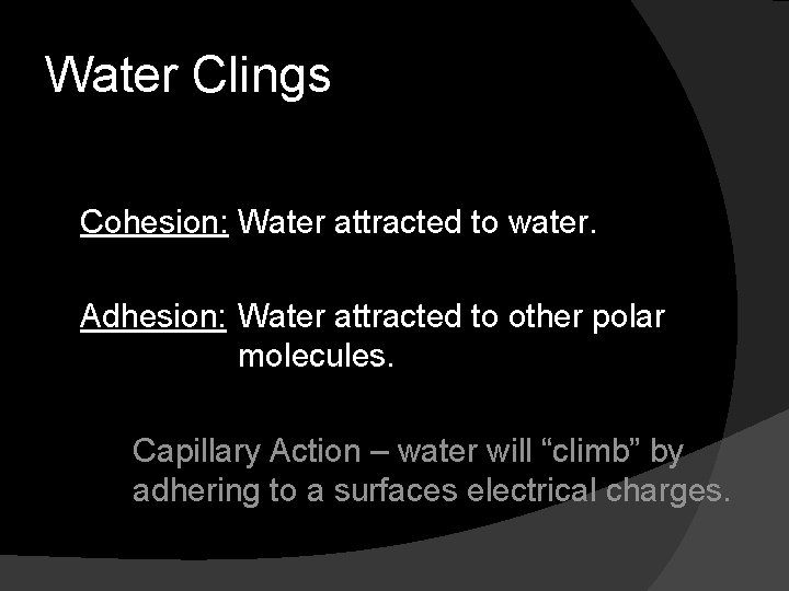 Water Clings Cohesion: Water attracted to water. Adhesion: Water attracted to other polar molecules.