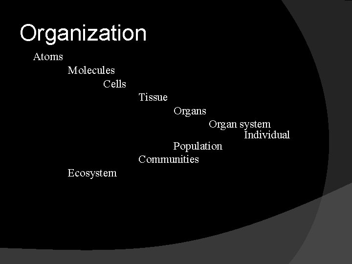 Organization Atoms Molecules Cells Tissue Organs Organ system Individual Population Communities Ecosystem 