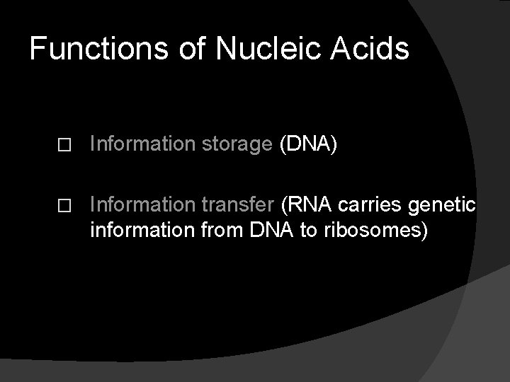 Functions of Nucleic Acids � Information storage (DNA) � Information transfer (RNA carries genetic