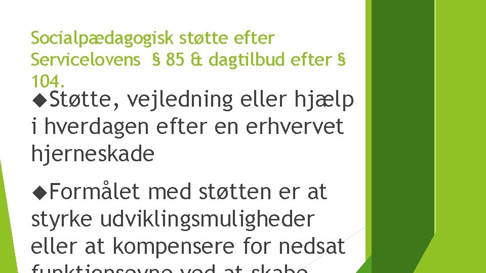 Socialpædagogisk støtte efter Servicelovens § 85 & dagtilbud efter § 104. Støtte, vejledning eller