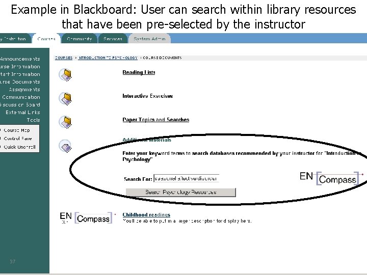 Example in Blackboard: User can search within library resources that have been pre-selected by