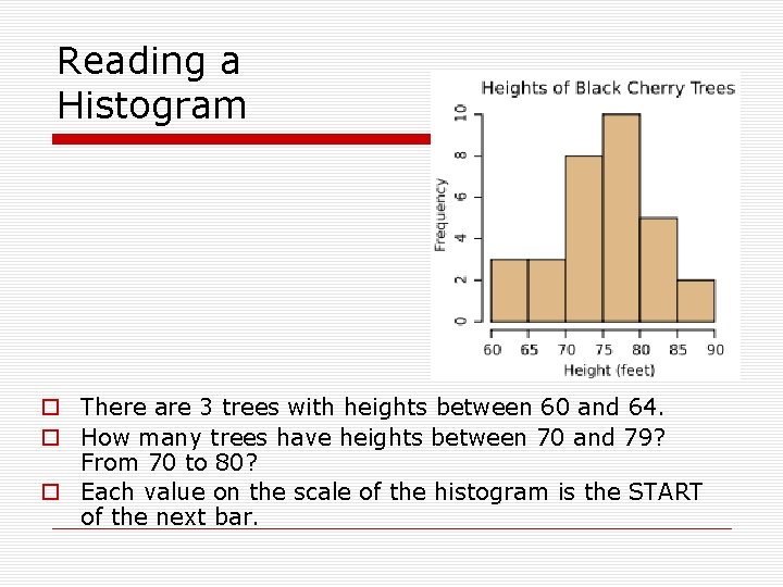 Reading a Histogram o There are 3 trees with heights between 60 and 64.