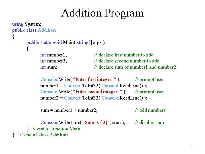 Addition Program using System; public class Addition { public static void Main( string[] args