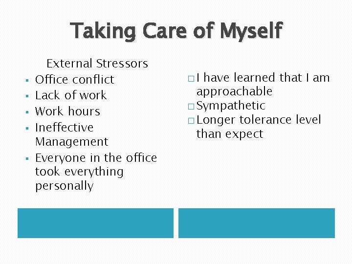 Taking Care of Myself § § § External Stressors Office conflict Lack of work
