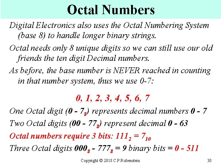 Octal Numbers Digital Electronics also uses the Octal Numbering System (base 8) to handle