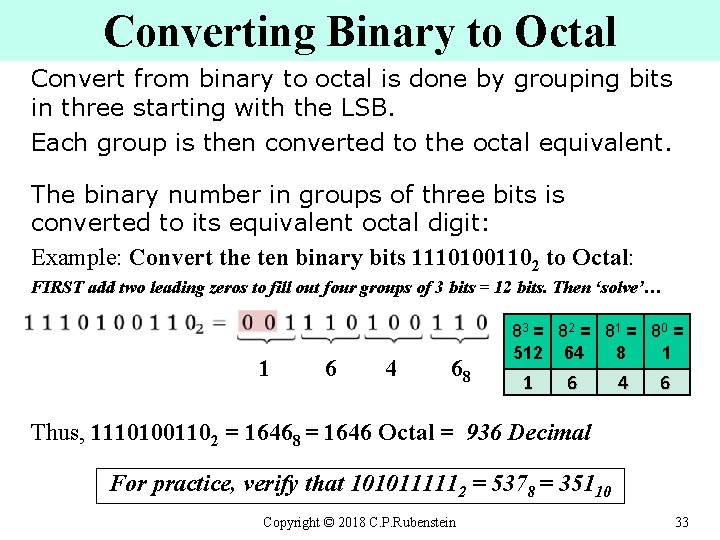 Converting Binary to Octal Convert from binary to octal is done by grouping bits