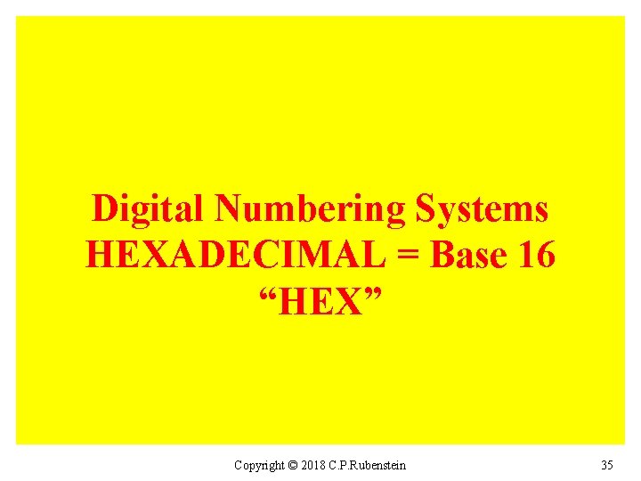Digital Numbering Systems HEXADECIMAL = Base 16 “HEX” Copyright © 2018 C. P. Rubenstein
