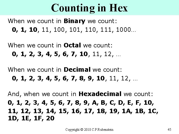 Counting in Hex When we count in Binary we count: 0, 1, 10, 11,