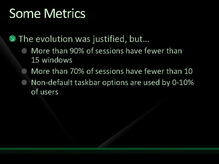 Some Metrics The evolution was justified, but… More than 90% of sessions have fewer Some Metrics The evolution was justified, but… More than 90% of sessions have fewer