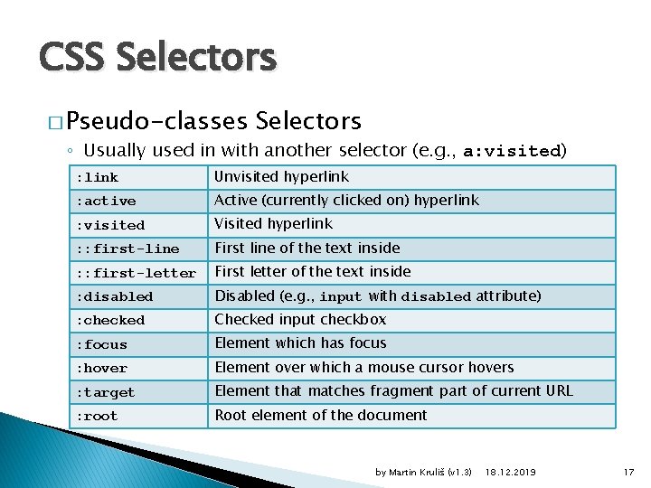 CSS Selectors � Pseudo-classes Selectors ◦ Usually used in with another selector (e. g.