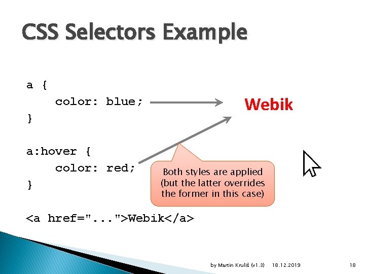 CSS Selectors Example a { Webik color: blue; } a: hover { color: red;