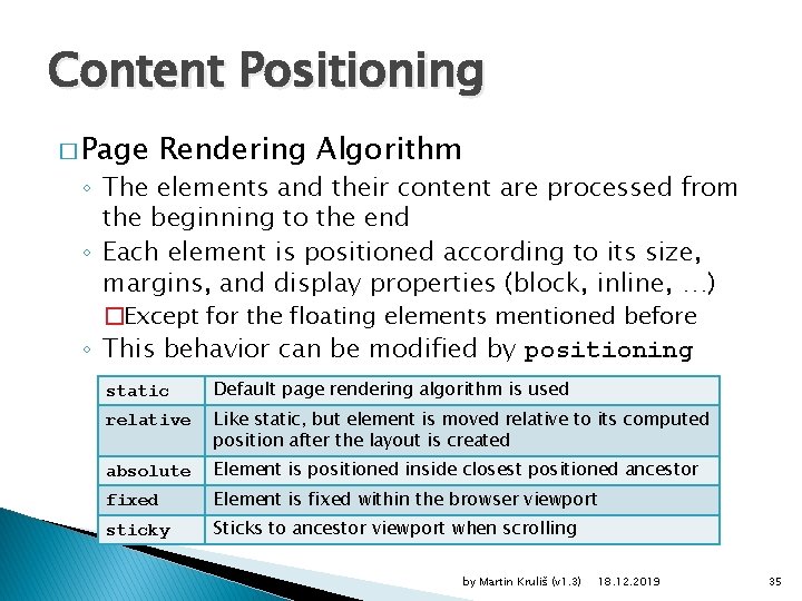 Content Positioning � Page Rendering Algorithm ◦ The elements and their content are processed