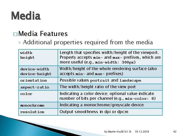 Media � Media Features ◦ Additional properties required from the media width height Length
