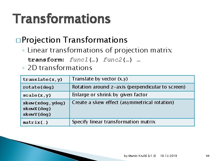 Transformations � Projection Transformations ◦ Linear transformations of projection matrix transform: func 1(…) func