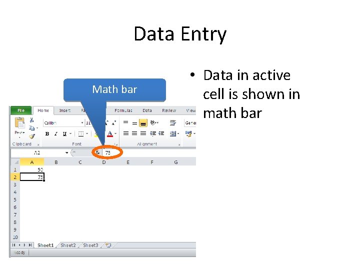Data Entry Math bar • Data in active cell is shown in math bar Data Entry Math bar • Data in active cell is shown in math bar