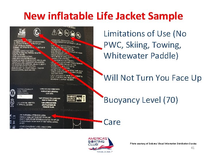 New inflatable Life Jacket Sample Limitations of Use (No PWC, Skiing, Towing, Whitewater Paddle)