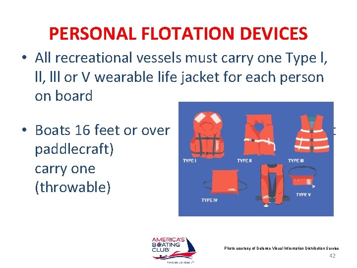 PERSONAL FLOTATION DEVICES • All recreational vessels must carry one Type l, lll or
