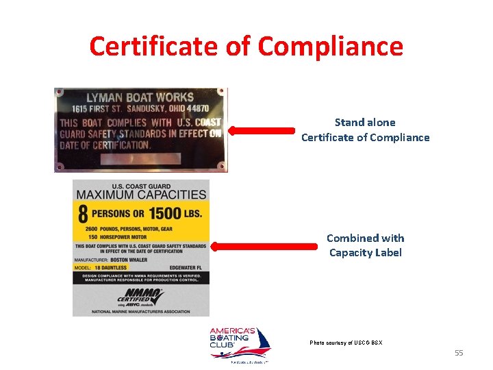 Certificate of Compliance Stand alone Certificate of Compliance Combined with Capacity Label Photo courtesy