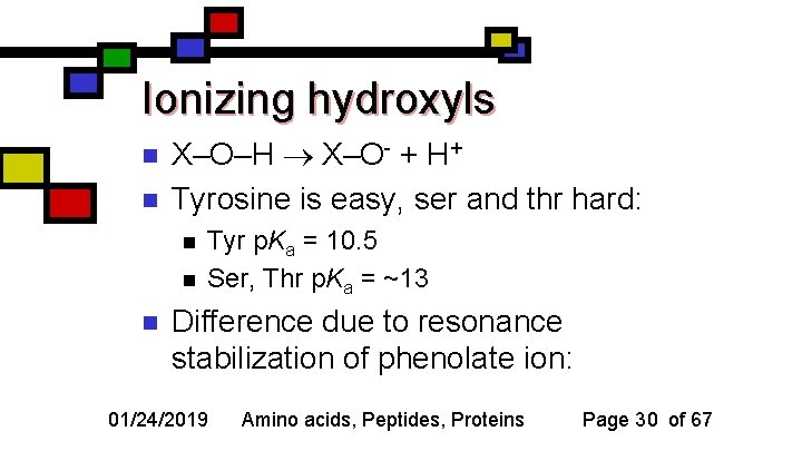 Ionizing hydroxyls n n X–O–H X–O- + H+ Tyrosine is easy, ser and thr